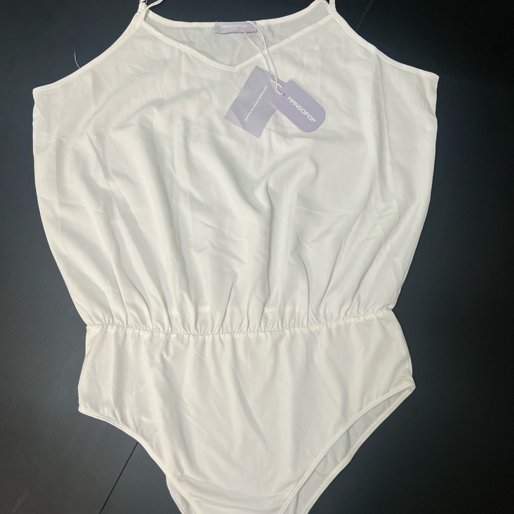 MANGOPOP Women’s White Bodysuit Spaghetti Strap Tank Top Size [Large] NWT”